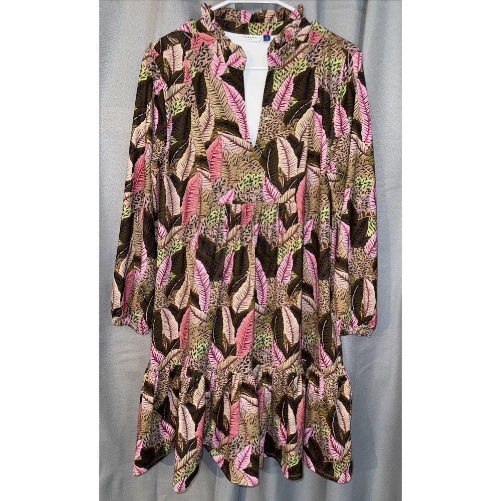 Cabana Life Myers Relaxed Dress Small Pink Brown Palm Leopard Tiered UPF 50+